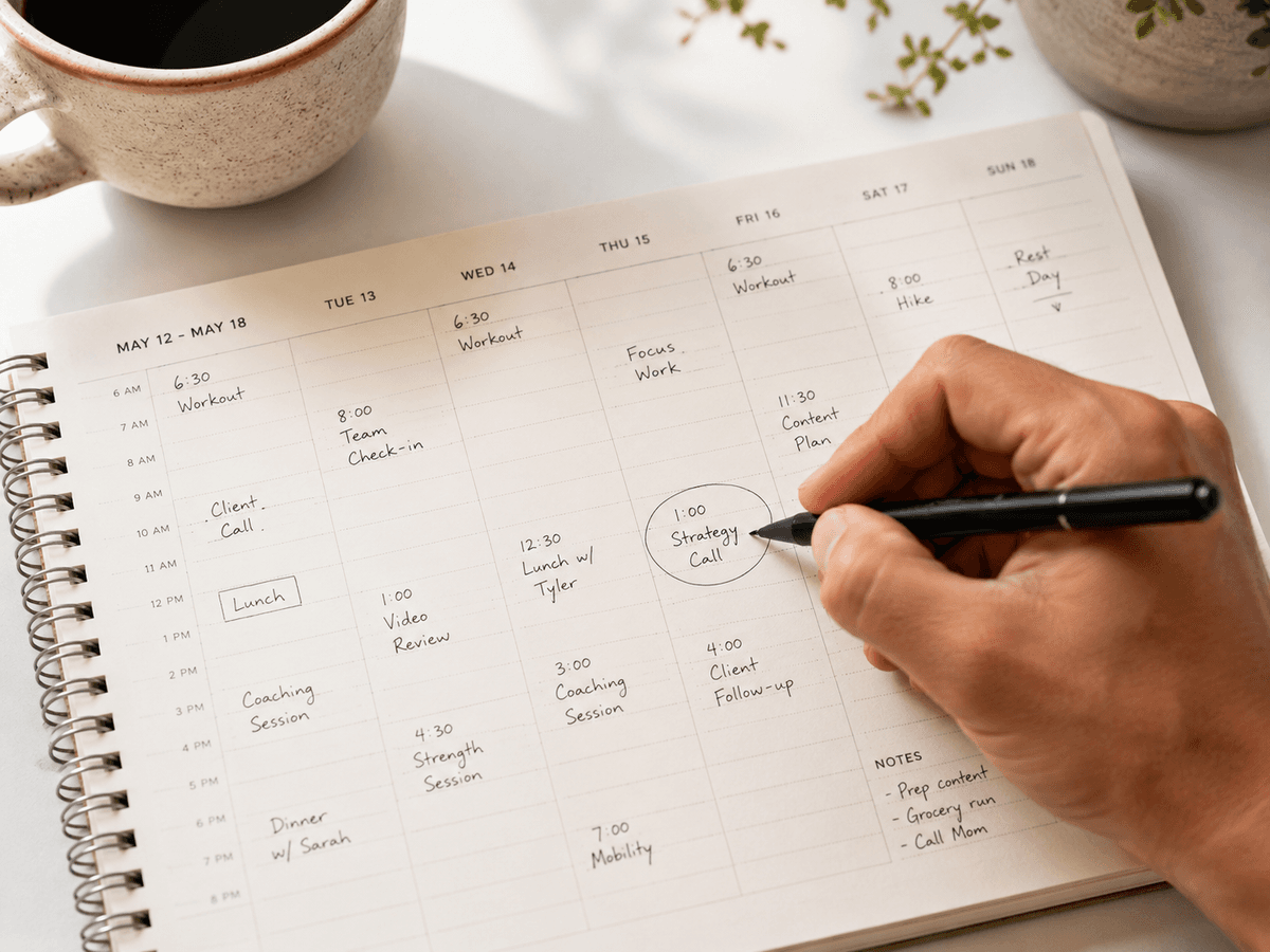 A weekly planner open with sessions scheduled throughout the week