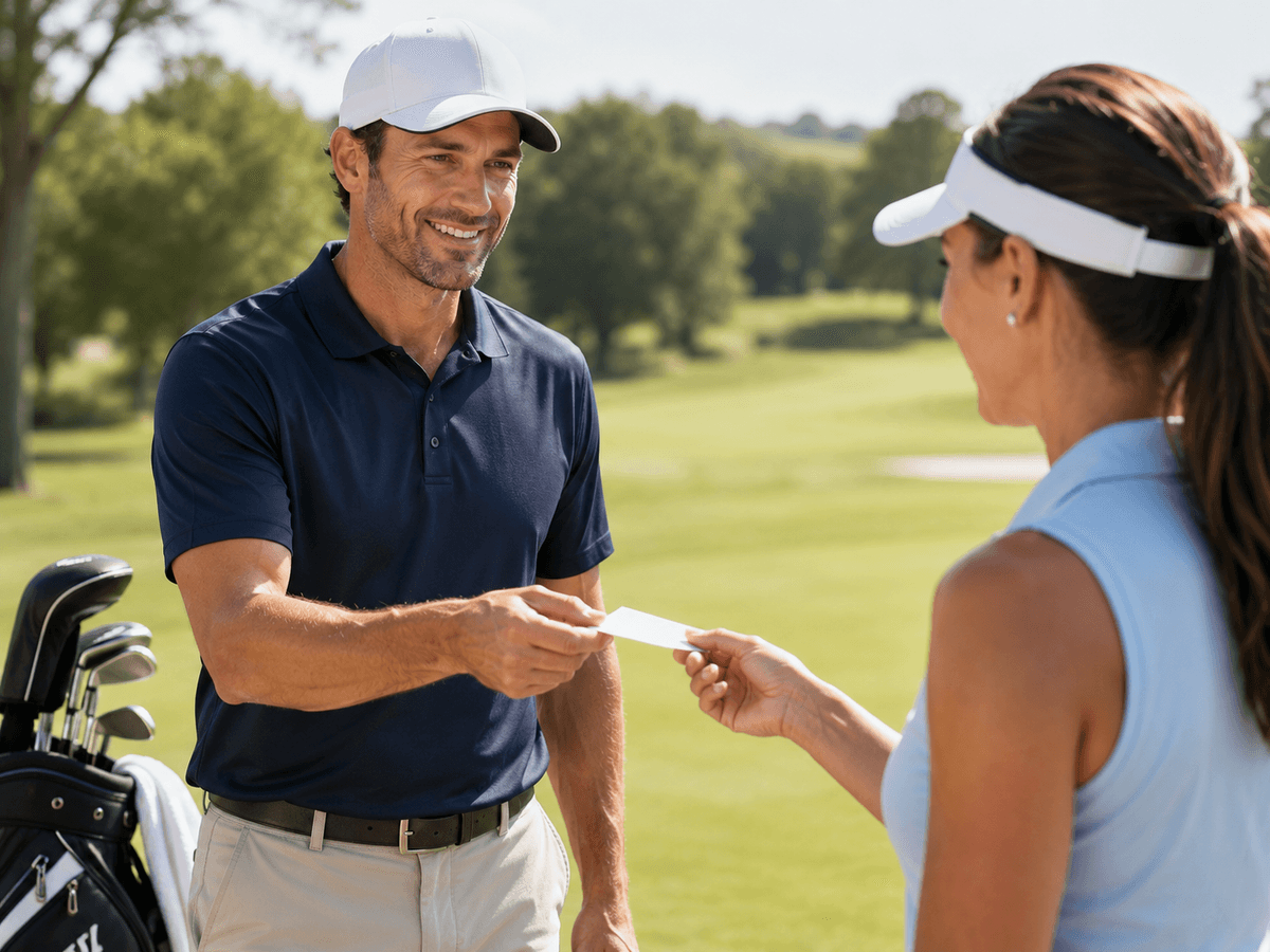 Golf pro handing a booking card to a client on the course