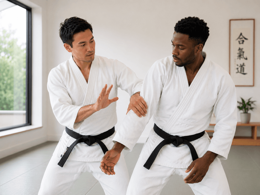 Martial arts instructor demonstrating technique with a student