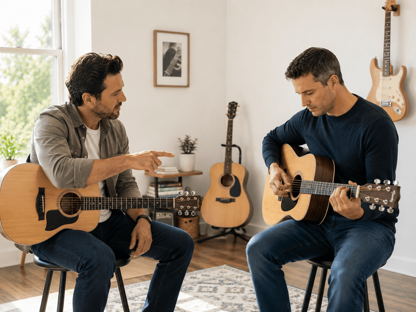 Guitar instructor giving a lesson to a student