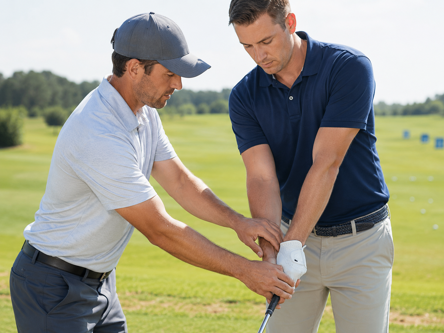 Golf instructor adjusting a student's grip on the course
