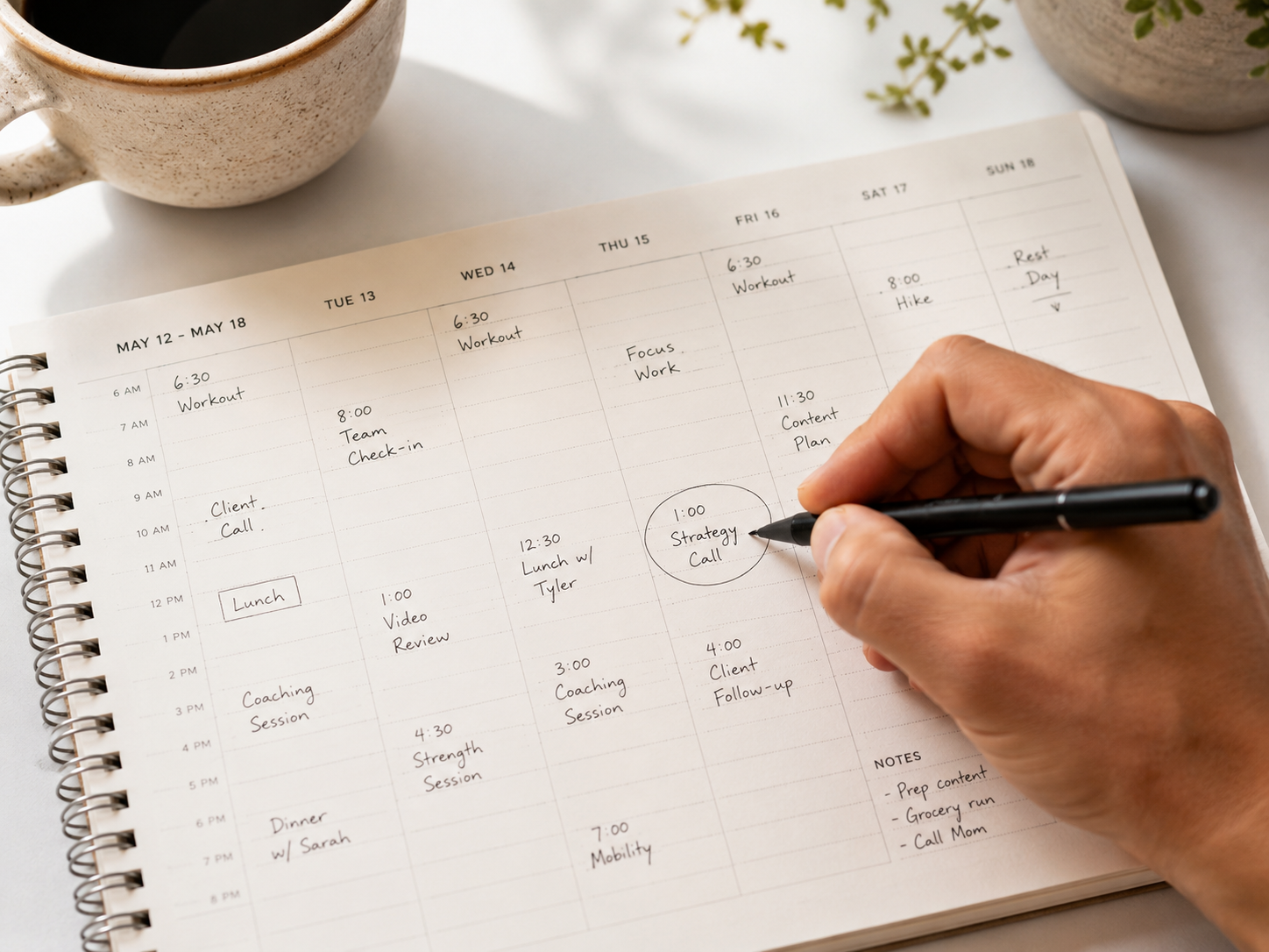 A weekly planner open with sessions scheduled throughout the week