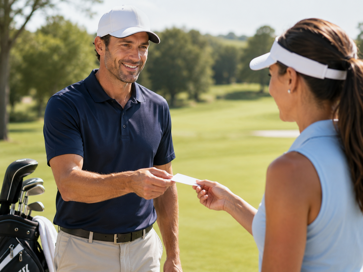 Golf pro handing a booking card to a client on the course