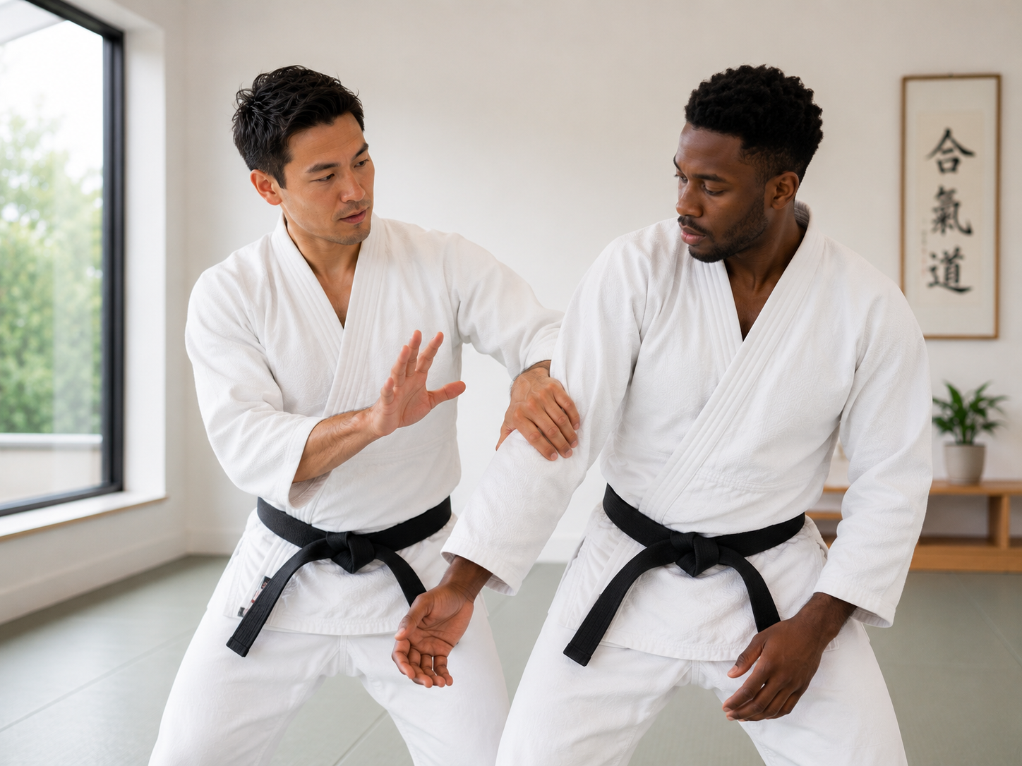 Martial arts instructor demonstrating technique with a student