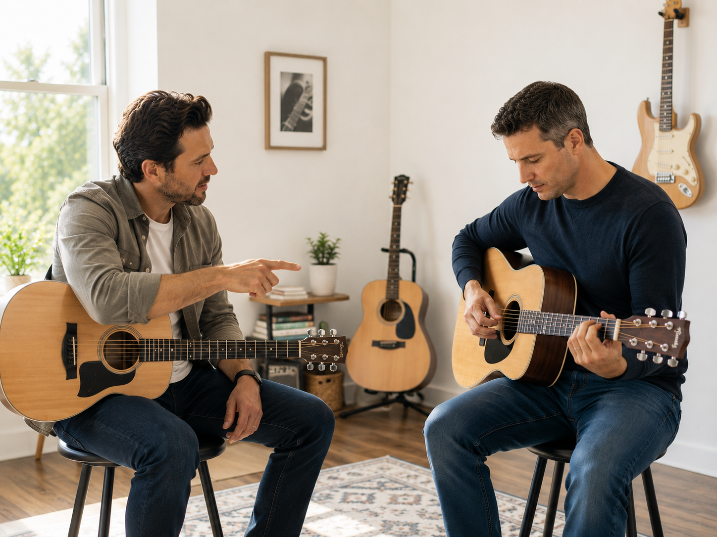 Guitar instructor giving a lesson to a student