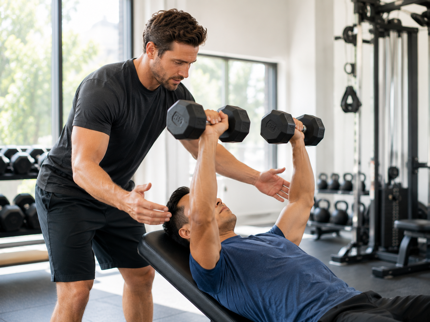 Personal trainer spotting a client on a bench press