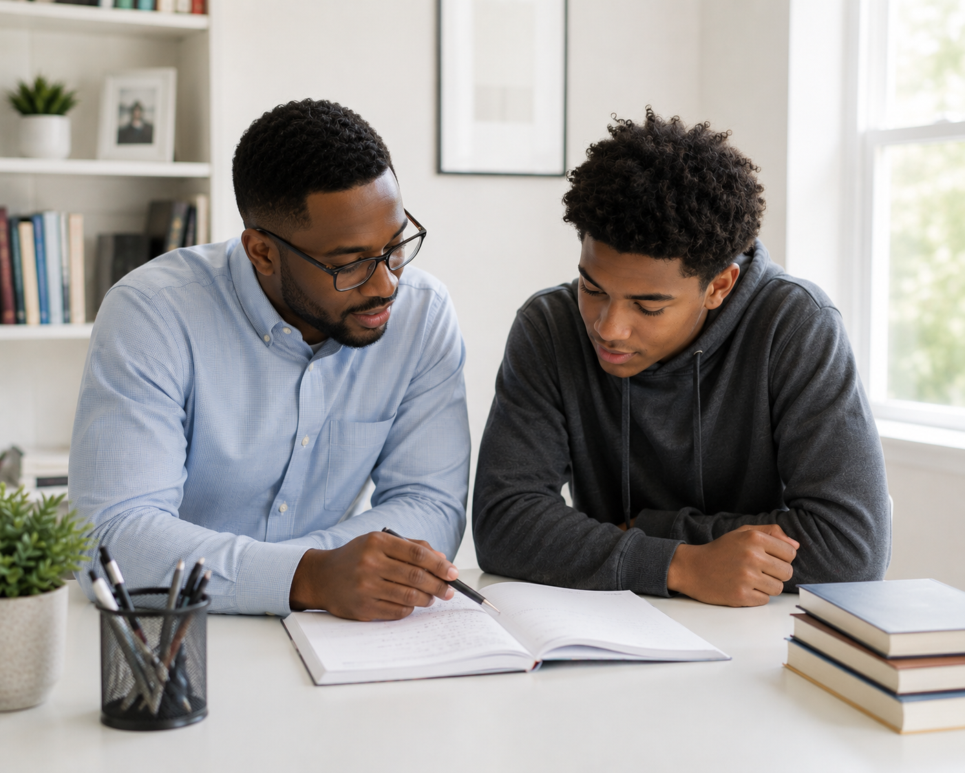 Tutor working through a problem with a student at a desk